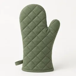 A single quilted heat-resistant oven mitt centered on a light neutral background.