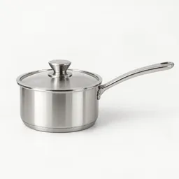 Centered 3-quart stainless-steel saucepan with tight-fitting lid on a neutral light background.