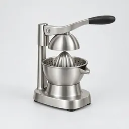 A centered unbranded stainless-steel manual citrus juicer photographed on a light neutral background.