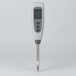 Centered studio photograph of a handheld digital food pH meter with a blank unmarked display and attached stainless-steel probe on a neutral light background.