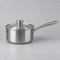 Centered medium stainless-steel saucepan with its fitted lid on a neutral light-gray studio background.
