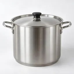 Large stainless-steel soup pot with a fitted lid and two side handles, centered on a light neutral studio background.