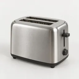 Centered two-slot stainless-steel toaster photographed on a neutral light background with soft studio lighting.