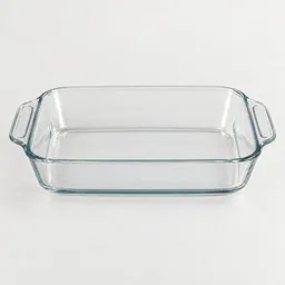 Centered clear glass 3-quart rectangular baking dish on a light neutral background.