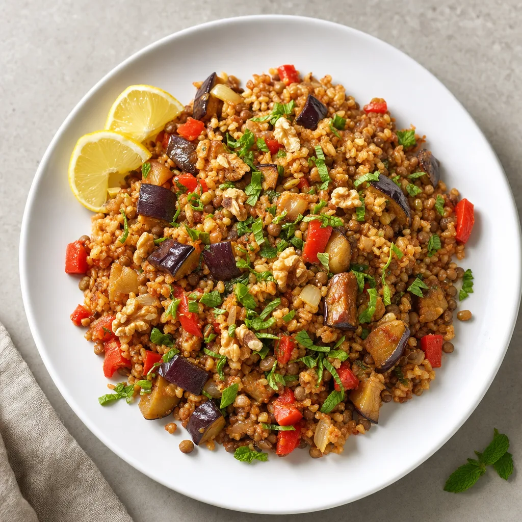 Bulgur Lentil Pilaf with Eggplant