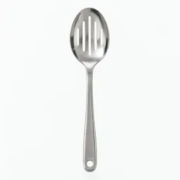 Centered studio photograph of a polished stainless-steel slotted spoon on a neutral light background.
