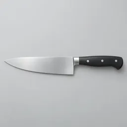 A single sharp kitchen chef’s knife centered against a plain light-gray studio background.