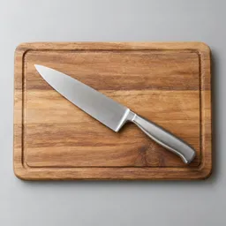 Centered studio photograph of a plain wooden cutting board with a stainless-steel chef’s knife resting on it against a light neutral background.