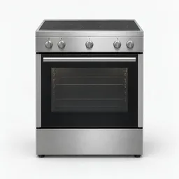Centered freestanding conventional oven with a stainless-steel body, closed dark glass door, and unmarked controls on a plain light background.