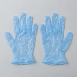 Centered pair of translucent light-blue disposable food-safe gloves on a neutral light-gray background.