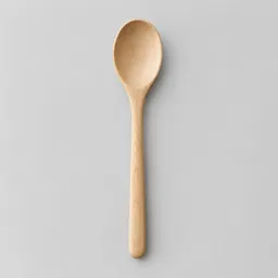 A single light wooden mixing spoon centered on a neutral light background.
