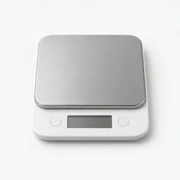 Centered compact stainless-steel kitchen scale on a white base against a neutral light background.