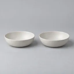 Two matching shallow off-white ceramic bowls centered on a neutral light background.