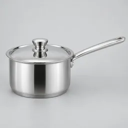 Centered 2-quart stainless-steel saucepan with a long handle and fitted lid on a neutral light background.