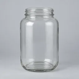Centered studio photograph of a clean empty 1.5-liter wide-mouth glass jar on a neutral light background.