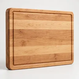 Large natural-wood cutting board centered against a neutral light background.