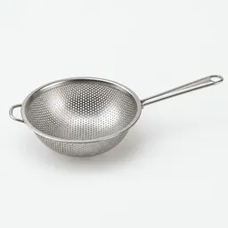 Centered stainless steel kitchen strainer on a plain light background.