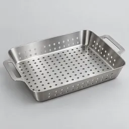 Centered stainless-steel perforated grill basket with short handles on a neutral light background.