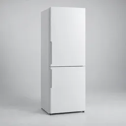 Centered unbranded white freestanding refrigerator on a neutral light studio background.