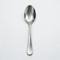 A single large stainless steel spoon centered on a light neutral background.