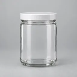 Centered studio photograph of a clean clear glass refrigeration storage jar with a plain white lid on a neutral light background.