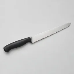 Centered serrated stainless-steel kitchen knife with a matte black handle on a light neutral background.