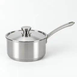 Centered 2-quart stainless-steel saucepan with a tight-fitting lid and long handle on a neutral light background.