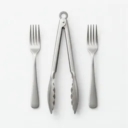 Centered studio photograph of stainless-steel tongs and two matching forks on a plain light background.