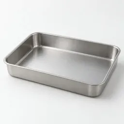 Centered brushed-metal rectangular roasting pan with shallow straight sides and rounded corners, shown empty from a slightly elevated angle on a light neutral background.