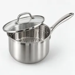 Centered 4-quart stainless-steel saucepan with matching lid and perforated steamer basket on a neutral light background.