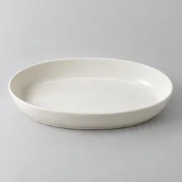 Centered oval ceramic serving dish photographed on a neutral light gray background.