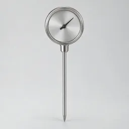 Centered unbranded analog kitchen thermometer with a stainless-steel probe on a neutral light background.