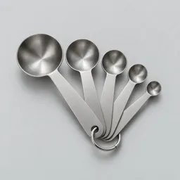 Centered studio photograph of a set of stainless steel measuring spoons on a pale neutral background.