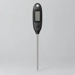 Centered unbranded instant-read food thermometer with a stainless-steel probe and dark handheld housing on a light neutral background.