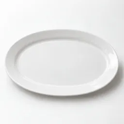Centered studio photograph of an empty plain white oval ceramic plate for holding chicken on a light neutral background.