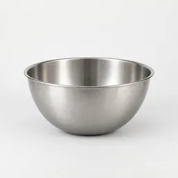 Centered studio photograph of a medium stainless-steel kitchen bowl on a light neutral background.