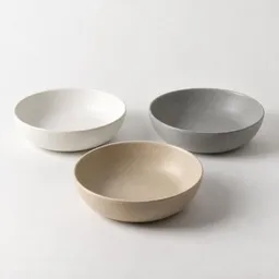 Three shallow unbranded ceramic bowls arranged together in a centered studio photograph on a light neutral background.