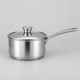 Centered 3-quart stainless-steel saucepan with fitted lid and long handle on a neutral light background.