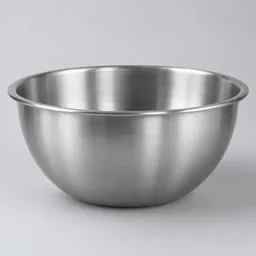 Centered large plain stainless-steel kitchen bowl on a light neutral background.