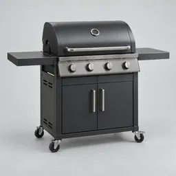 Centered freestanding outdoor grill with a dark metal lid, control knobs, support frame, and four wheels on a neutral light studio background.