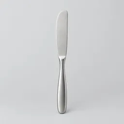 Centered studio photograph of a complete stainless steel butter knife on a neutral light background.