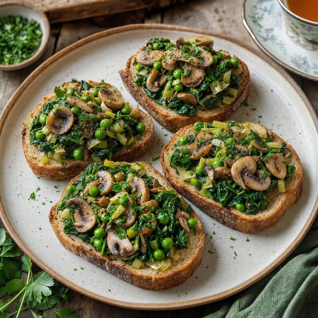 Mushroom Pea Garden Toasts