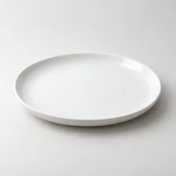 Centered white ceramic serving plate photographed on a neutral light background.
