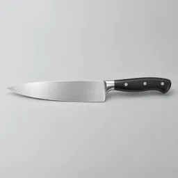 A single unbranded chef’s knife with a broad stainless-steel blade and dark handle, centered on a light neutral background.