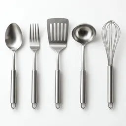 Centered studio photograph of a small set of stainless-steel kitchen utensils on a light neutral background.