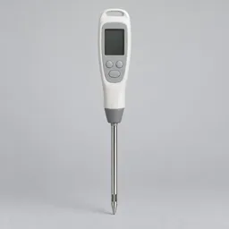 Centered studio photograph of a food-compatible digital pH meter with a blank display and stainless-steel probe on a neutral light background.