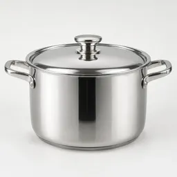 Centered stainless-steel 6-quart pot with matching lid on a neutral light background.