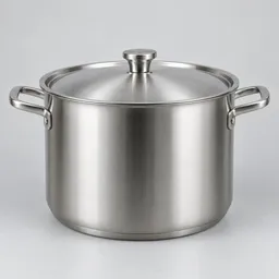 Centered large stainless-steel pot with two side handles and a fitted lid on a light neutral background.
