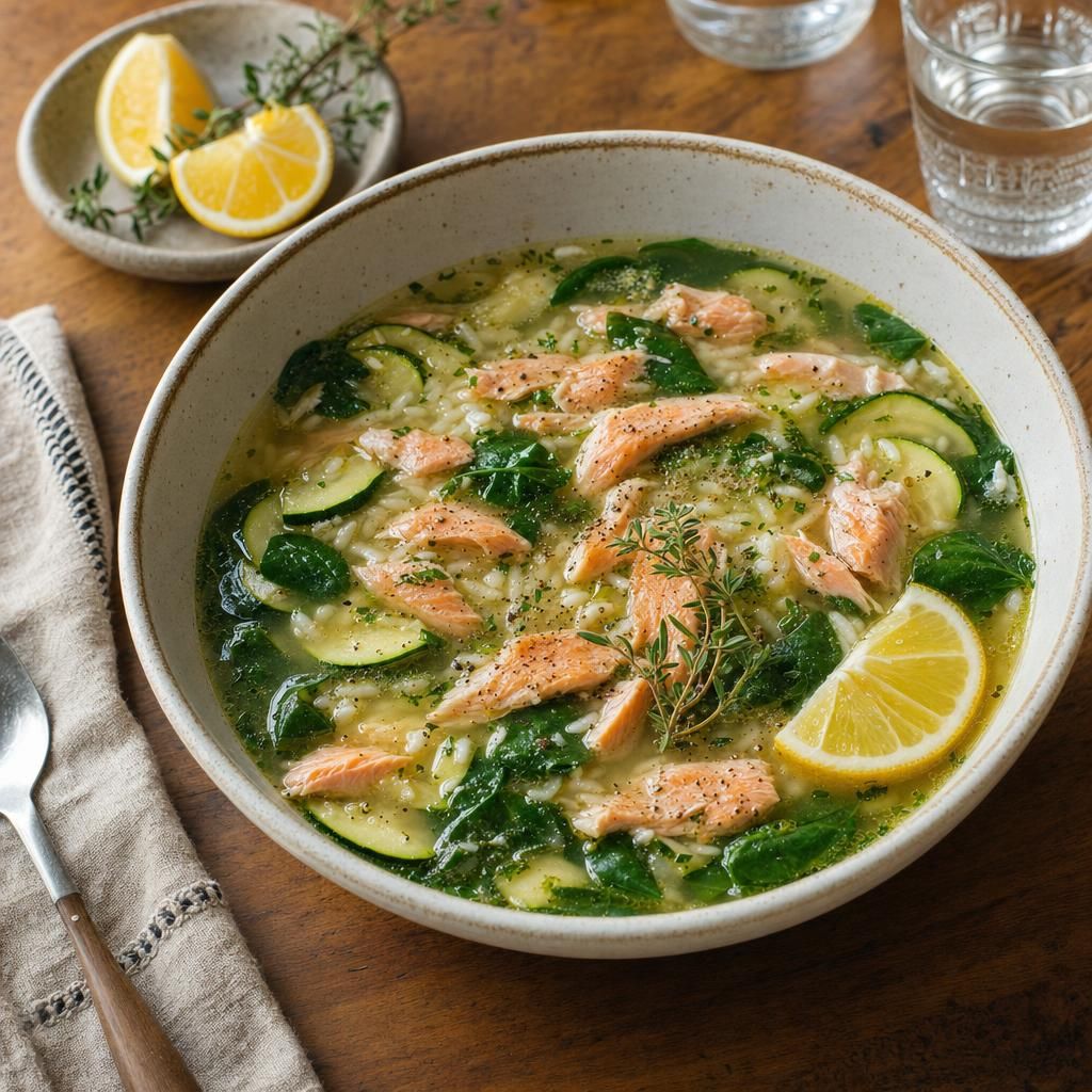 Lemon Smoked Trout, Spinach and Rice Soup