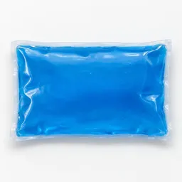Centered reusable blue gel pack on a pale neutral studio background.